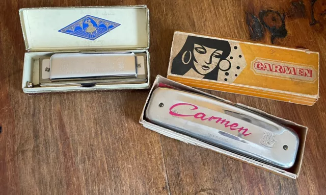 Zwei Vintage Harmoniken..carmen Und Hohner Chrominica... Beide In Ovp..