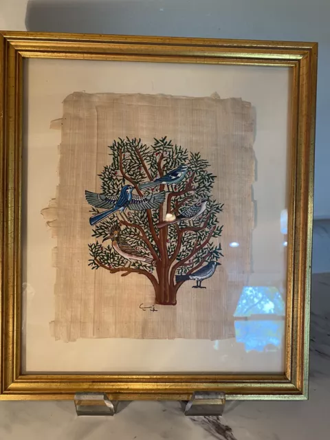 Unique Framed Painting On Papyrus Birds In A Tree Signed 14” X 12”