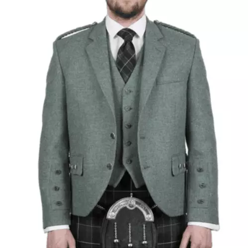 100% TWEED SCOTTISH Men's Lovat Green Argyle kilt Jacket With Waistcoat ...