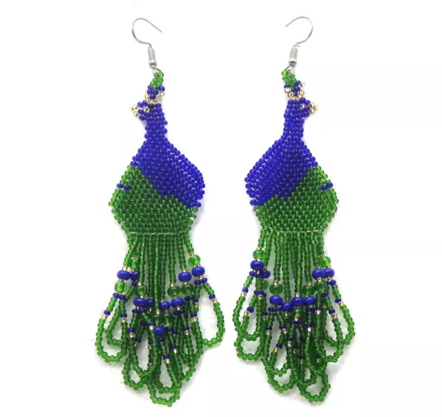 Native Style Ethnic Blue Green Peacock Beaded Handmade Hook Earrings E4/1