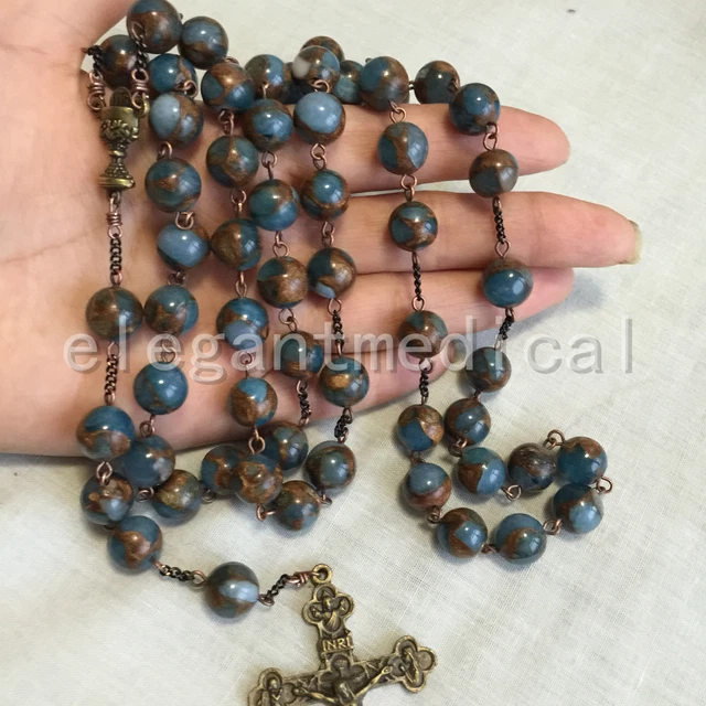 LARGE XL 10MM Football STONE beads 5 DECADE Rosary GIFT Vintage  Cross Necklace