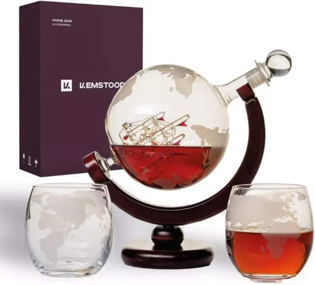 New Whiskey Decanter Set - Etched World Globe Whiskey Decanter Sets for Men w...