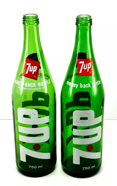 2 Vintage 750 ml 7UP  Empty Green Glass Logo Bottle Decanter Put a Cork in it