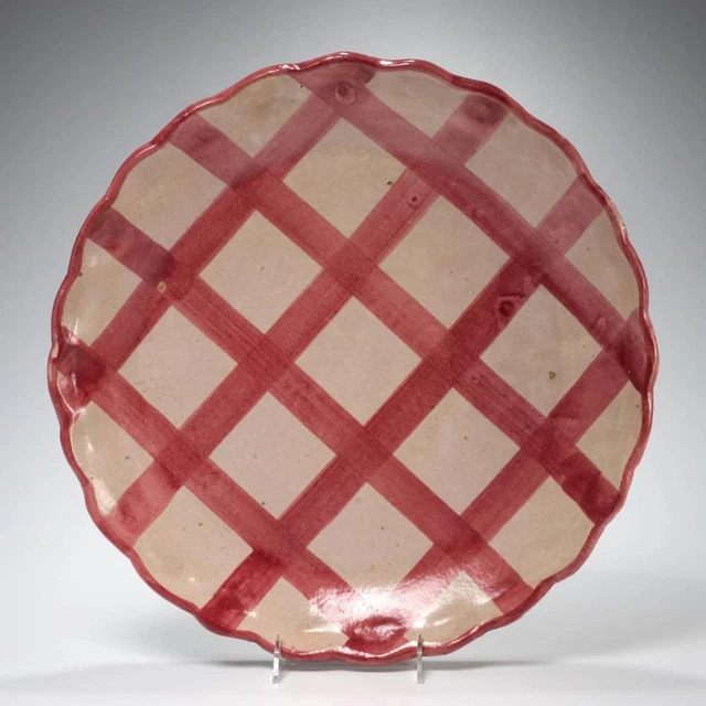 Vintage Italy Majolica Large Pink White Plaid Stripe Scalloped Round Platter 16"