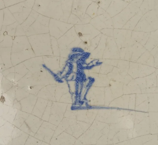 Antique Dutch Delft Blue Tile, Figure, Soldier, Musician? mid 17th Century 3