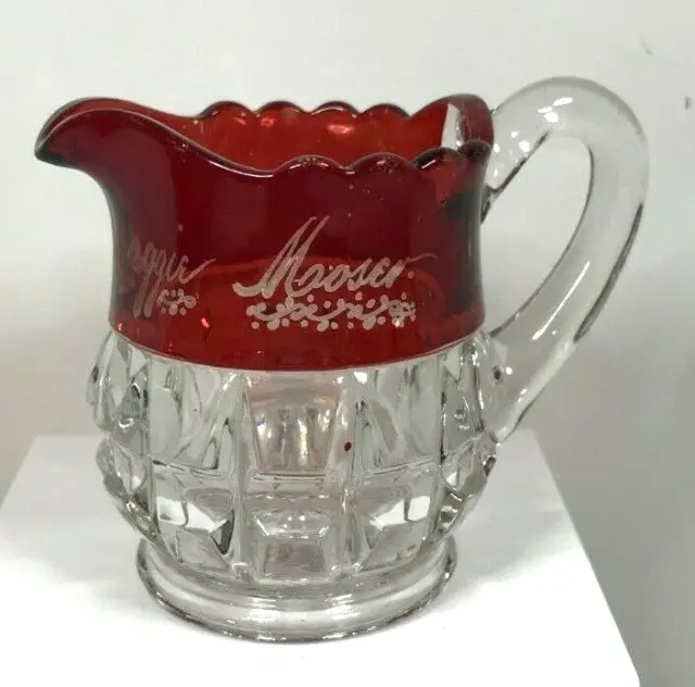 Antique EAPG Ruby Flash Glass Creamer Etched Maggie Moosen