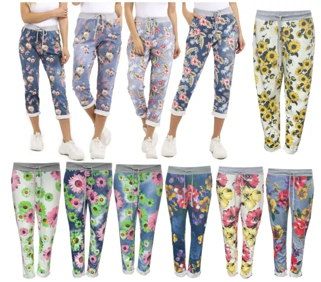 Women's Ladies Daisy Print Italian Trousers Casual Joggers Jogging Bottoms Pants