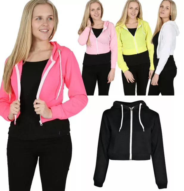 Womens Ladies Plain Hoodie Long Sleeve Cropped Hooded Zip Up Sweatshirt Top