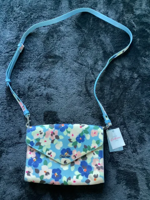 **BNWT Cath Kidston Clutch Shoulder/ Crossbody HandBag, Blue Floral Pink Pansies