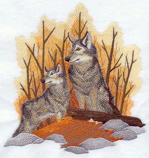 Embroidered Short-Sleeved T-Shirt - Autumn Wolf Pair D2258 Sizes S - XXL