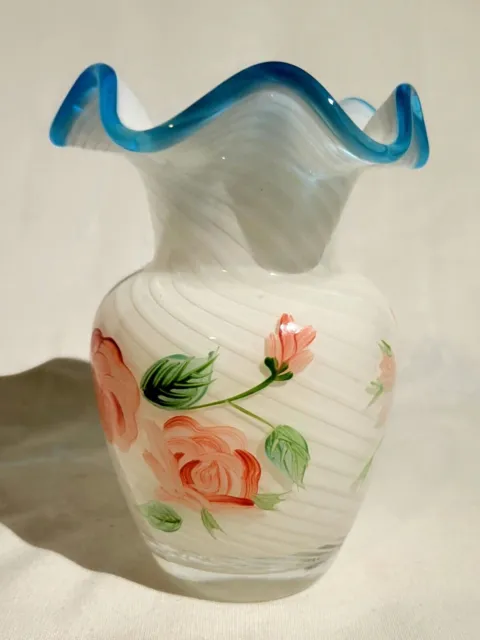 Fenton Glass For Teleflora Swirl Hand Painted Roses Ruffled Edge Vase