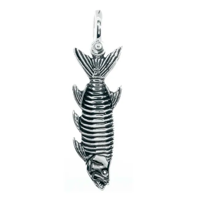 Hanging Fish Skeleton Charm with Black, 1.5 Inch Size by Manny Puig in 14k White