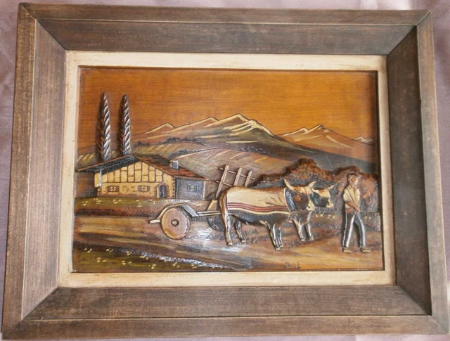 Tableau bois sculpté - Art Populaire - Attelage de boeuf & ferme au Pays Basque