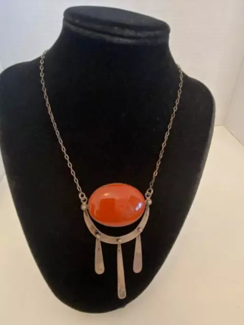 Vintage Sterling Silver Modernist Carnelian Ethnic Boho Pendant Necklace