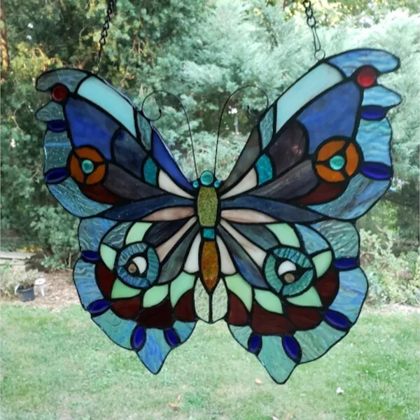 Lovely Butterfly Stained Glass Suncatcher Hanging Window Panel Handmade -12x12in