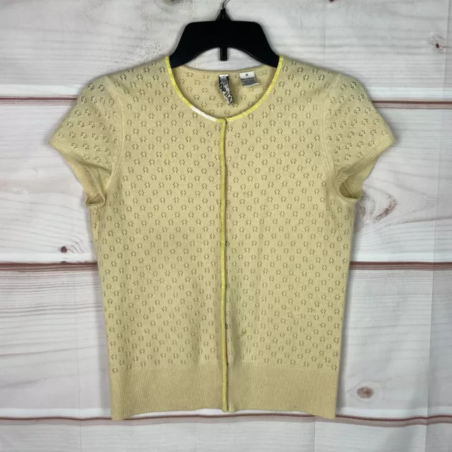 Barneys Sweater Womens M Yellow Cashmere Short Sleeve Snaps Pointelle Knit Solid