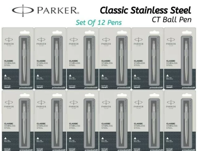 Lot de 12 stylos à bille Parker Classic en acier inoxydable avec garnitures...