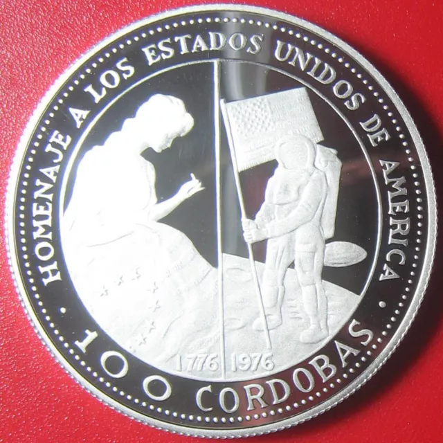 1975 Nicaragua 100 Cordobas Silver Proof Betsy Ross Flag Moon Usa Bicentennial