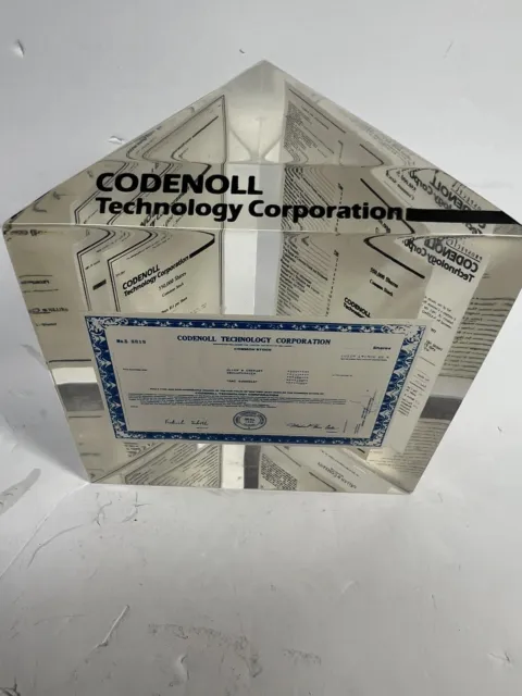 Codenoll Technology  corporation Stock  Document Lucite Paperweight 1983