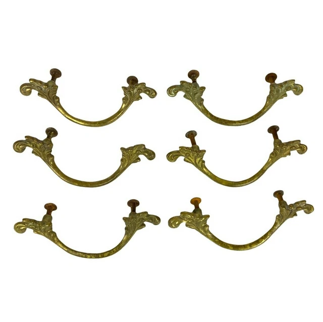 French Provincial Drawer Pulls Matching Set of 6 Antique Brass Patina 131