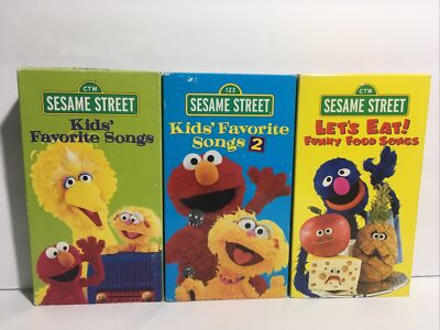 SESAME STREET VHS Lot 3 Tapes Kids’ Favorite Songs 1 & 2, Let’s Eat