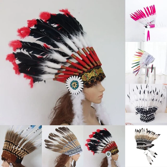 Coiffe Indienne En Plumes – Accessoire Cosplay & Halloween Authentique Pour Hommes Et Femmes – Modèle Rouge Traditionnel