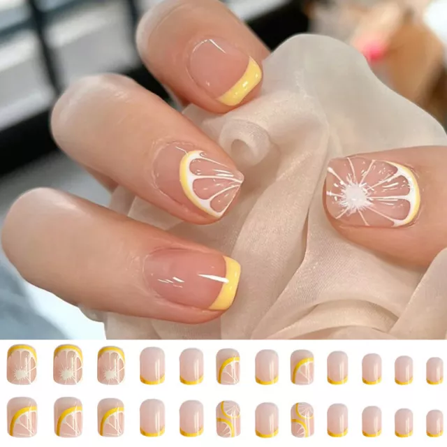 Citron Français Ligne Pointe Courte Carrée Presse Sur Ongles Faux Faux 24 R