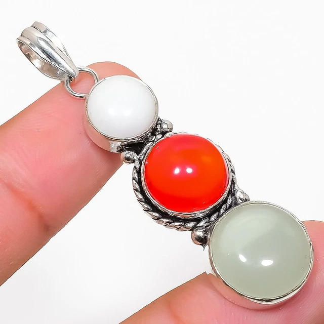 Prehnite, Coral Gemstone Handmade 925 Sterling Silver Jewelry Pendant 2.09"