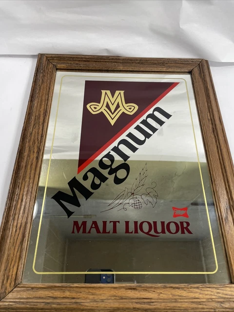 MAGNUM MALT LIQUOR Mirror Bar Sign  17x13 in Vintage Beer Wood Frame
