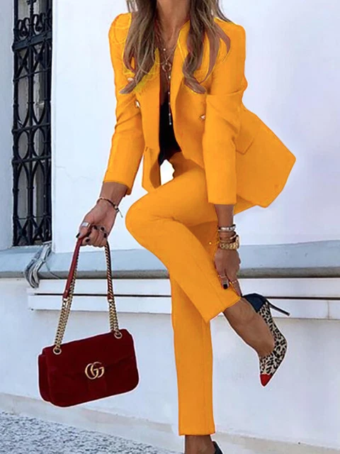 Jaune Pantalon Et Veste Femme Tailleur Pantalon Blazer Moutarde
