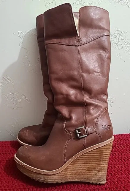 UGG Sidione Knee High Wedge Boots Brown Leather Sheepskin Size 8