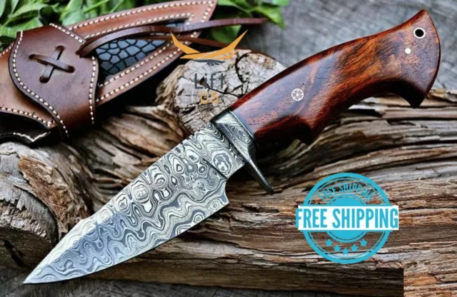 Custom Handmade Damascus Steel Bowie Hunting Knife Rose Wood Handle W/ Sheath