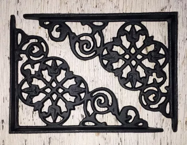 SET OF 2 VICTORIAN FLORAL PATTERN BRACKETS Antique Styled cast iron braces BLACK