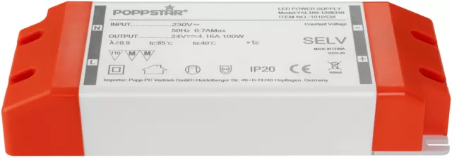 Poppstar - Transformateur 230V AC/24V DC 4,16A jusqu'à100W, Ballast 24V pour LED 2
