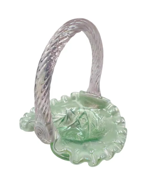 Fenton Glass Miniature Ruffled Ribbed Basket Iridescent Green Pink  Opalescent 4