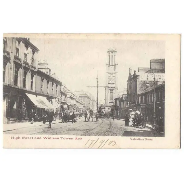 AYR High Street & Wallace Tower, Old Postcard by Valentine Postally Used 1903