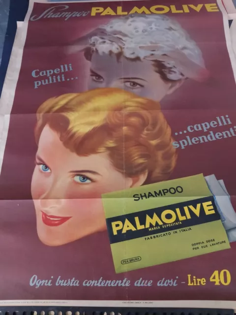 Manifesto poster pubblicitario illustrato Palmolive shampoo capelli epoca 1953