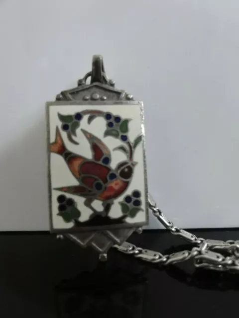 French Art Deco Champleve Enamel Fancy Hand Made S. Silver 835 Pendant Necklace