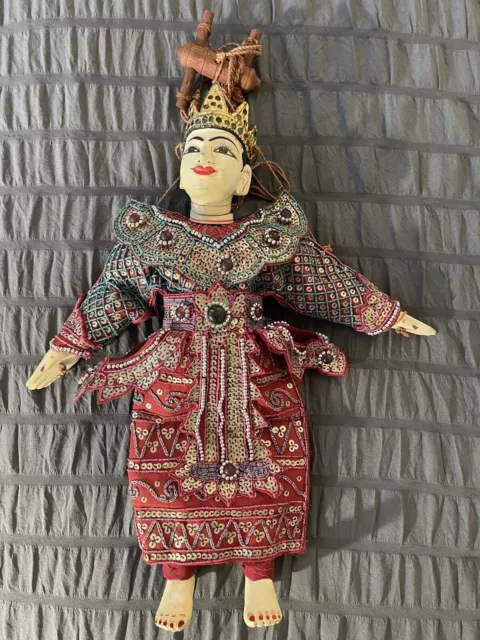 Vintage Antique Burmese Marionette Hand Made Wooden String Puppet 14”