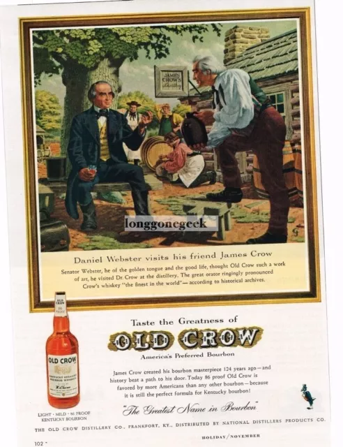 1959 OLD CROW Boubon Whiskey Daniel Webster Visits James Crow Vintage Print Ad