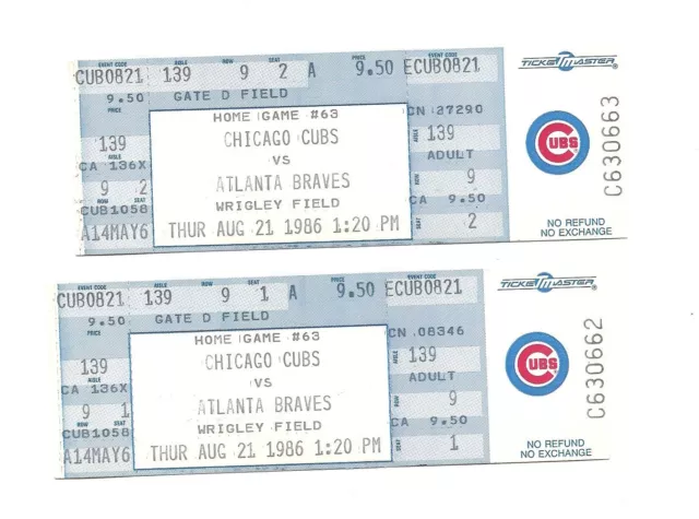 Chicago Cubs vs Atlanta Braves Unused Baseball Tickets from 8/21/1986