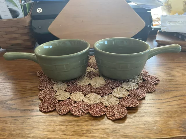 Set of 2 Longaberger Woven Traditions Pottery SAGE Serving Chili Handle Bowls