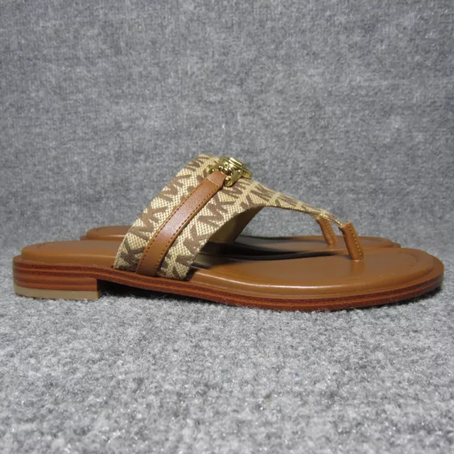 Michael Kors MK Plate Thong Sandals Womens Size 7.5 Tan Brown Signature Logo NEW