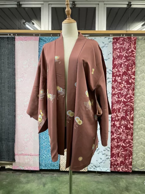 H&A SILK HAORI Vintage Japanese KIMONO Brown Dress cardigan Yukata women