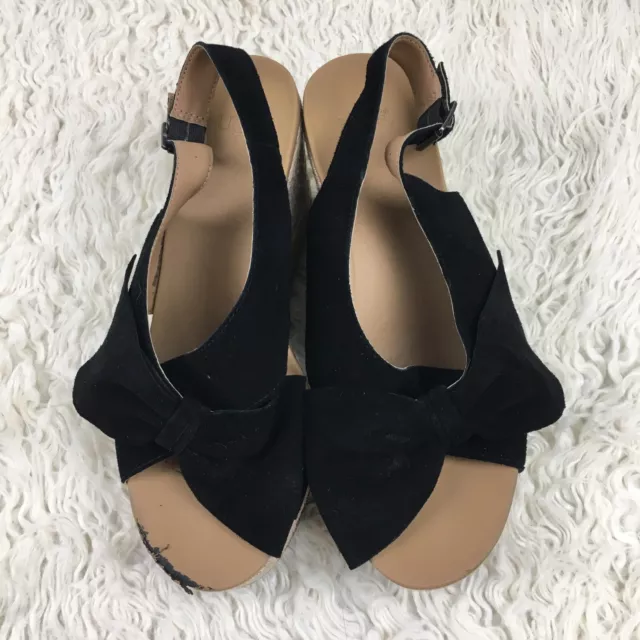 UGG Women's Size 8.5 Black Sueded Leather Wedge Heel Slingback Bow Tie Sandals 2