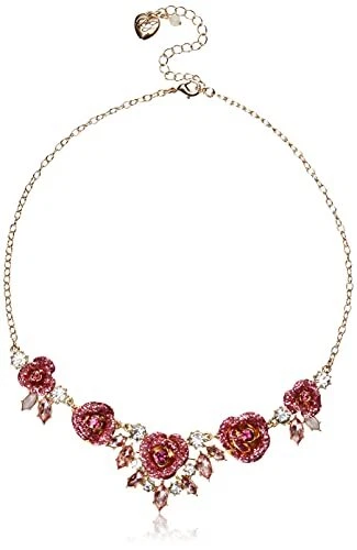 Betsey Johnson Glitter Rose Frontal Necklace Pink