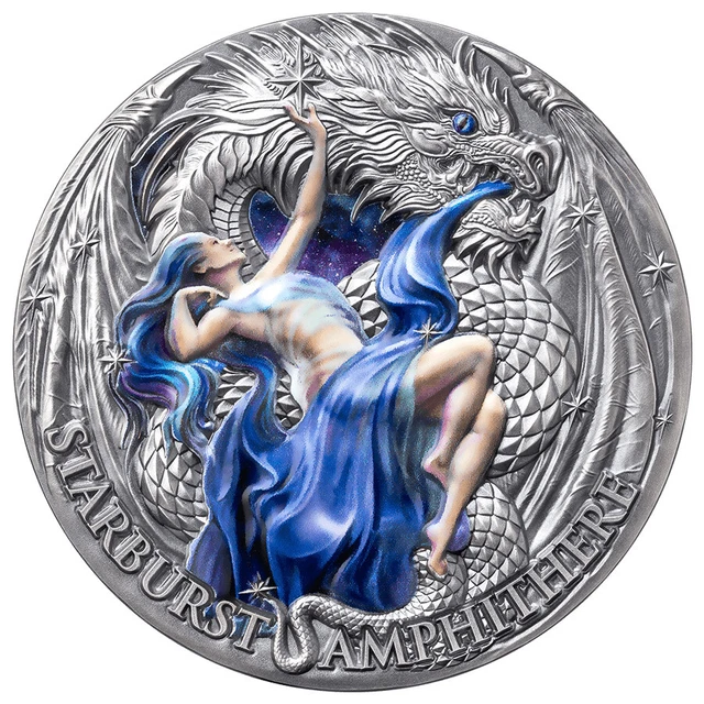 Cameroon 2023 2000 Francs 2-oz Silver Starburst Amphithere HR Antiqued PRESALE