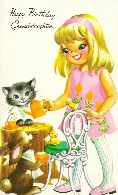 Granddaughter Happy Birthday Vintage 1970's Greeting Card Girls Cats Tea Party