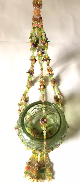 Vintage 70's PLASTIC ALL BEADED MACRAME Plant Hanger w Glass Pot Fruit Plastic