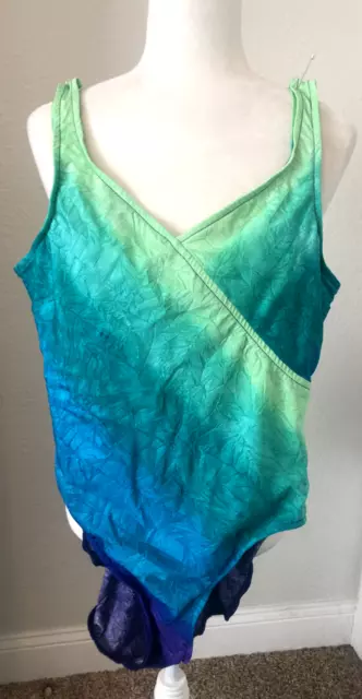 Vtg JANTZEN CANADA Green Blue Crinkle Ombre 16 L SWIMSUIT Bathing Suit ONE PC V 2